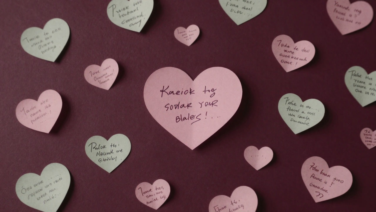 Image of scattered desk with heart-shaped paper notes scribbled with romantic messages.