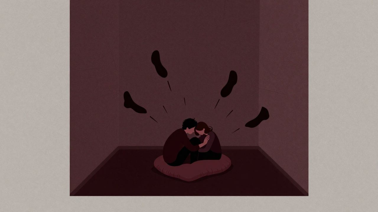 An illustration of a couple snuggling on a heart-shaped cushion in a small room, with neighbor’s footsteps thunderously heard through thin walls.