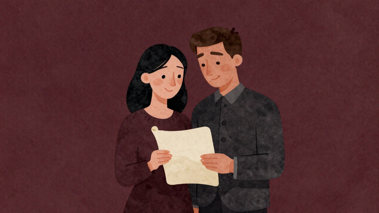 Illustration of a couple holding a letter inscribed with their vows, smiling yet looking anxious.