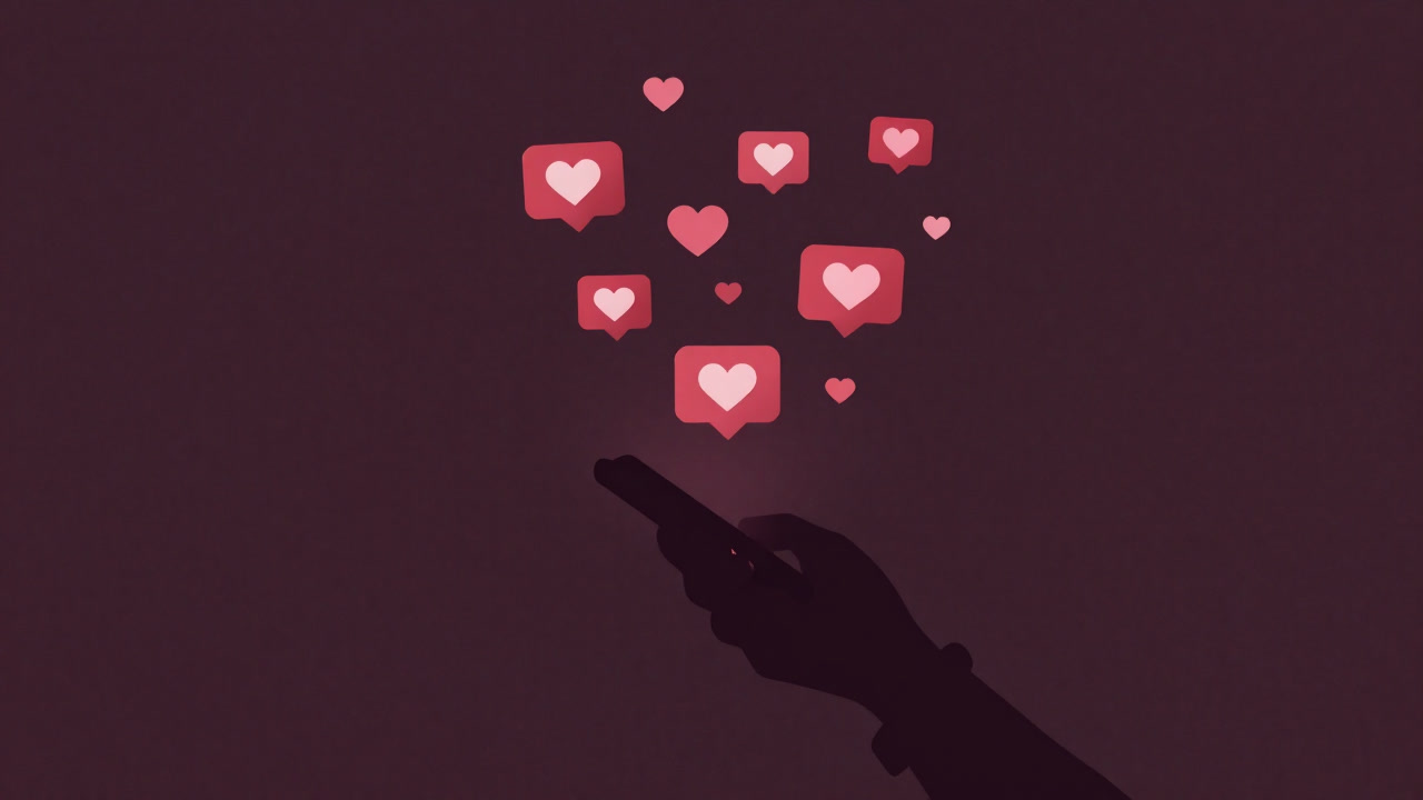 Silhouette of a person staring at a notification bar filled with floating hearts on a smartphone screen