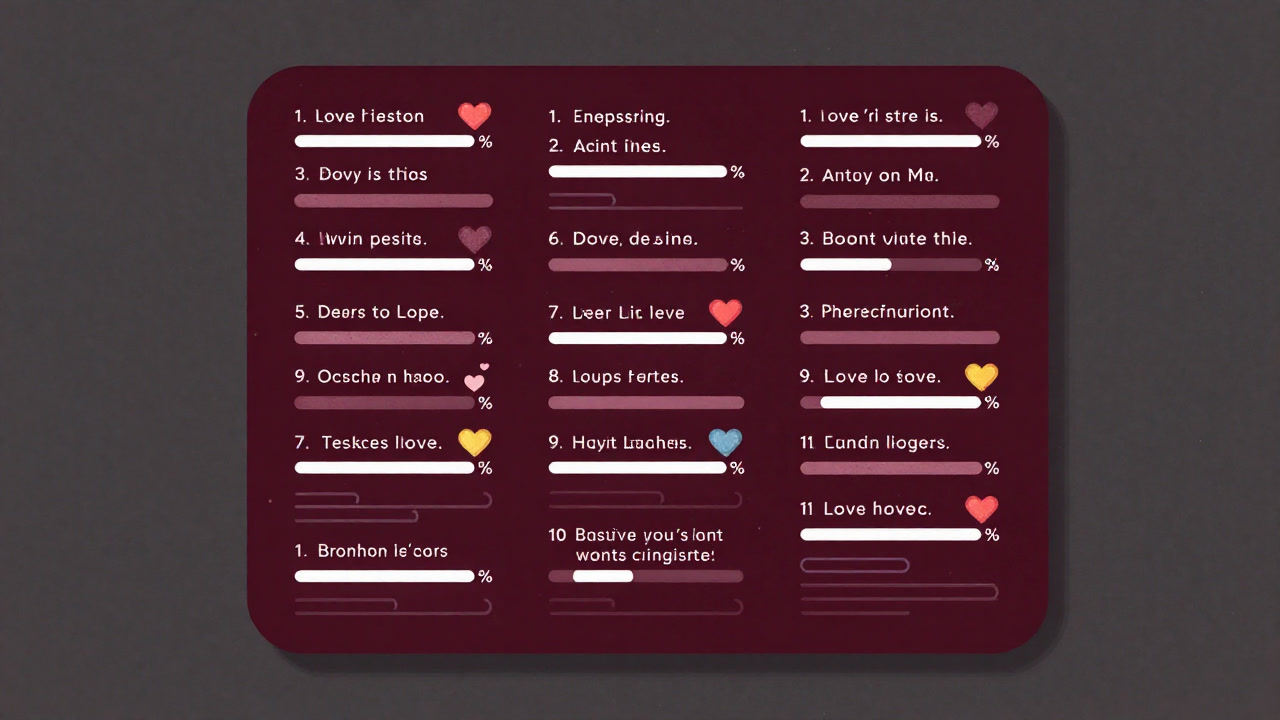 カラフルなハートのアイコンが散りばめられた、複数の選択肢が並ぶクイズ画面のイラスト