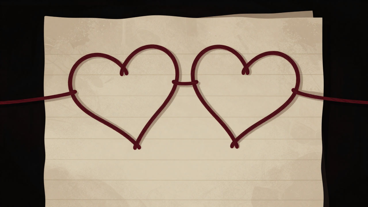 Illustration of a script page drawn with red threads on a black background