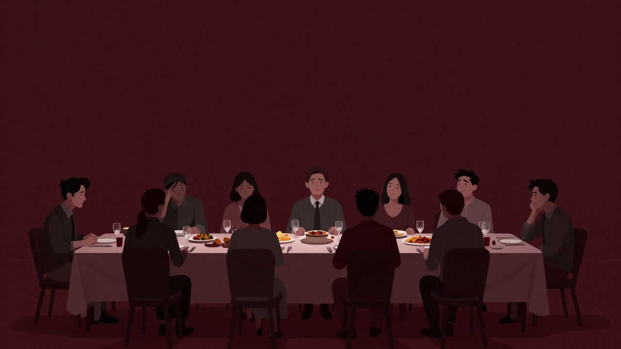 Illustration of congregants smiling across a long banquet table piled precariously with dishes.