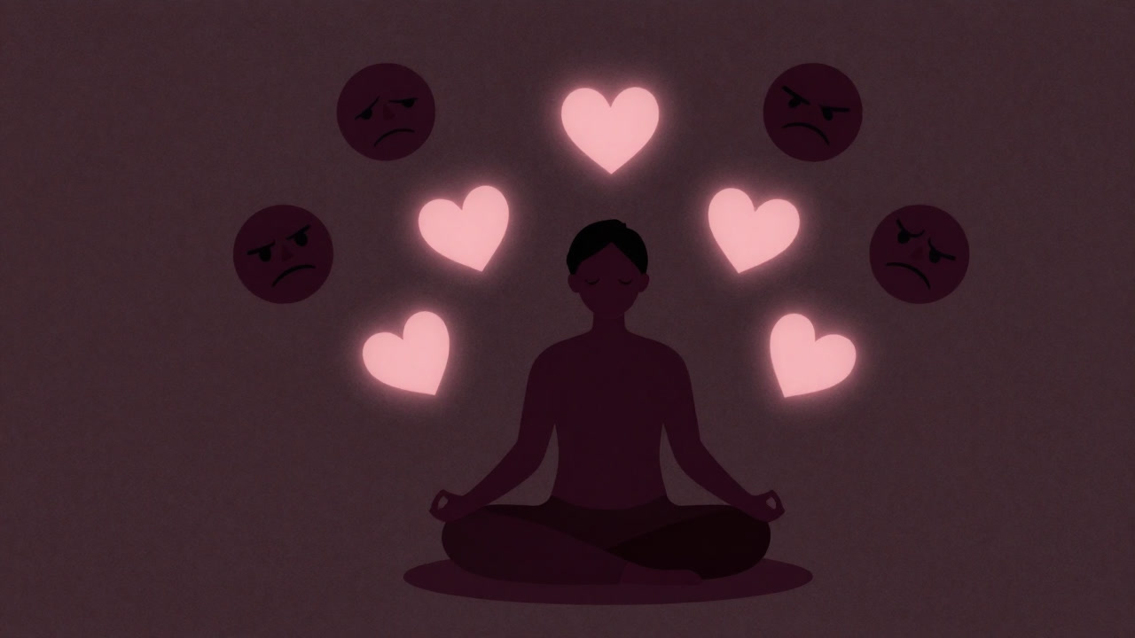 Illustration of a person meditating with hearts and angry faces swirling behind them, representing love and irony.