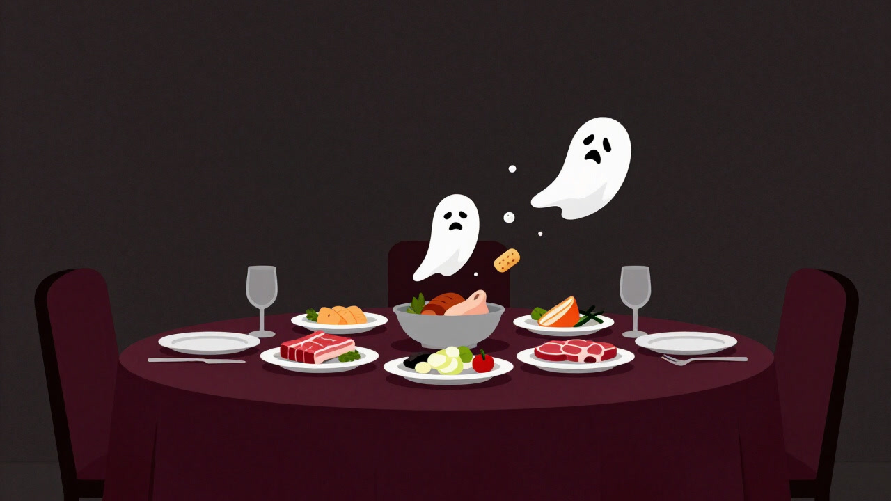 A plate with only vegetables and meat while ketone molecules dance around