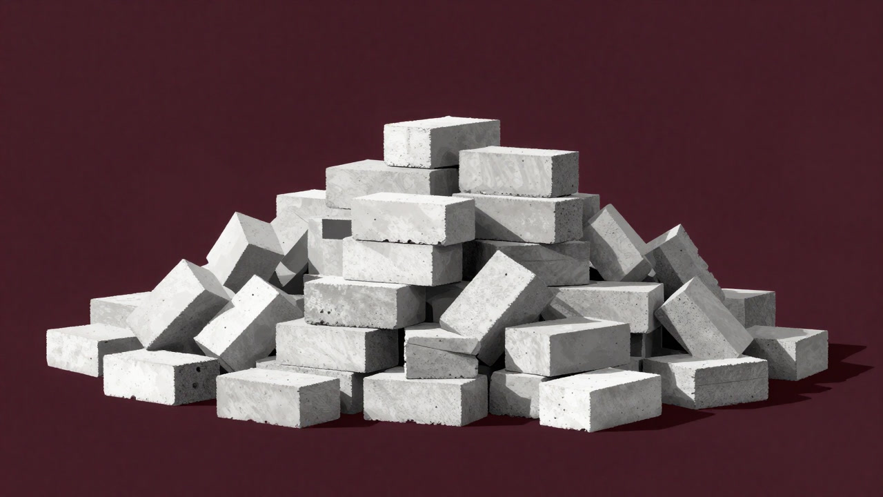 工事現場の白いコンクリートブロックが太陽光を反射して輝く様子