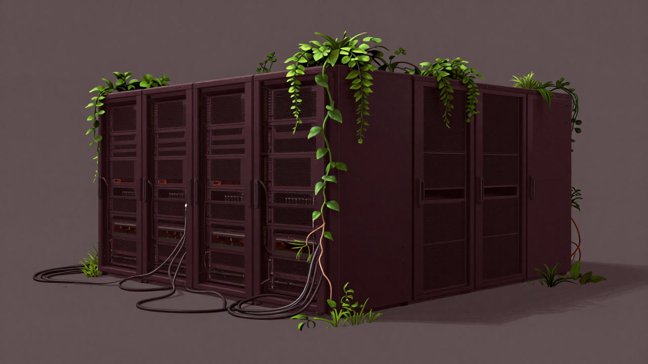 オフィスのデータセンターが植物に覆われ、ケーブルがツタのように伸びたイメージ
