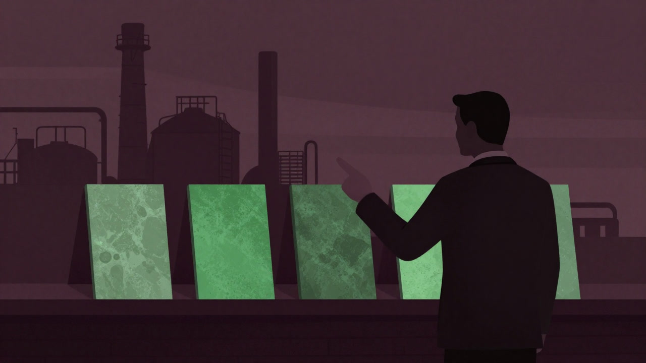 Silhouette of a businessman pointing at mysterious green material samples lined up in front of a factory