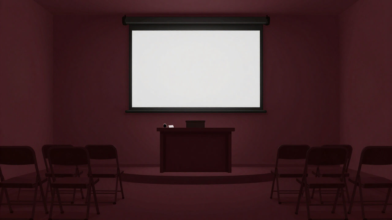 Congregants seated on folding chairs in a sparse sanctuary, gazing up at a projector light