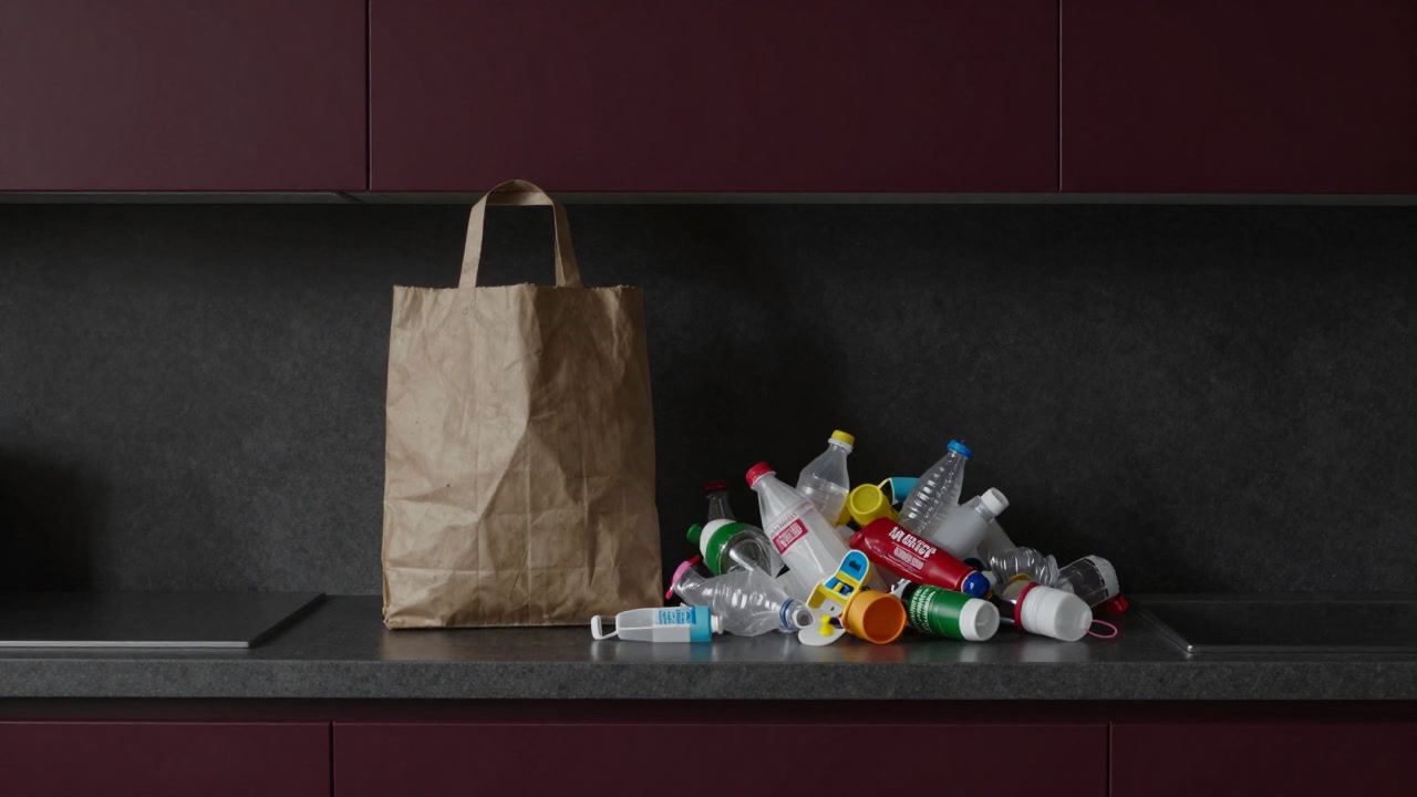 Photo of an old reusable bag sitting next to a pile of plastic waste in a kitchen
