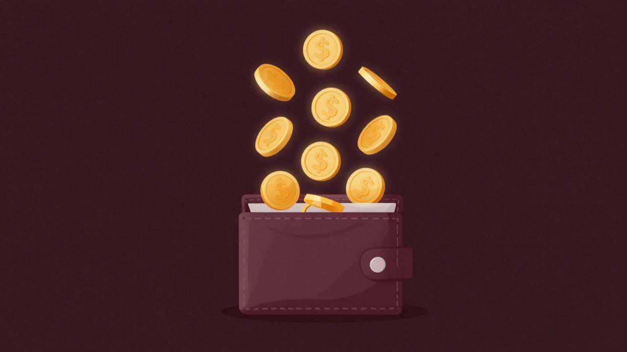 財布の上でくるくる回る金色のポイントコインが顧客の目を誘惑するCG画像