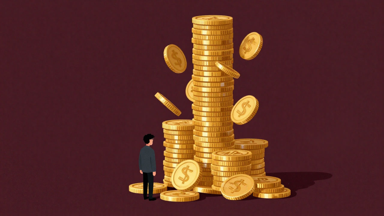 Illustration of a customer standing exhausted in front of a towering stack of loyalty points