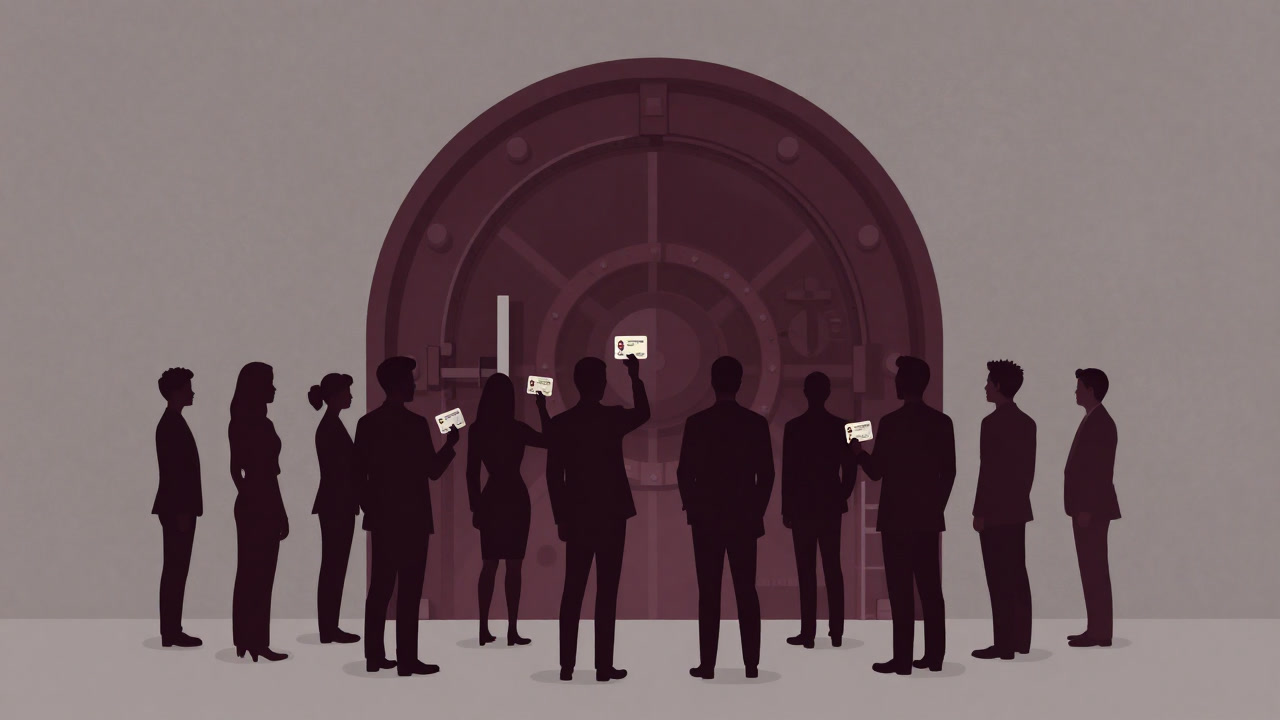 Silhouettes of people clutching membership cards in front of a vault, swearing loyalty to the corporation.