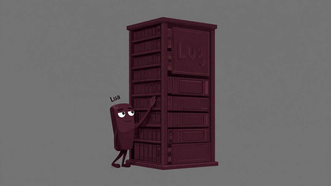 Illustration of a tiny lightweight Lua interpreter cuddling a massive C runtime.