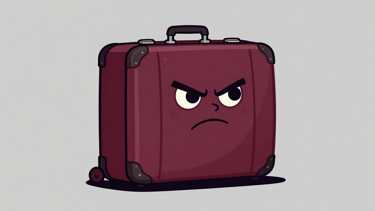 A suitcase awkwardly stuffed into an airplane's overhead bin, smiling in a distorted shape