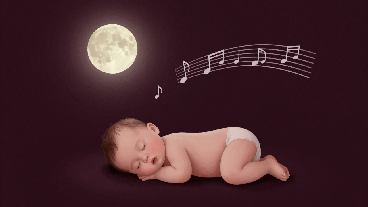 やわらかな月明かりの下、赤ちゃんの寝顔を見守る子守歌の楽譜が浮かぶ幻想的な画像