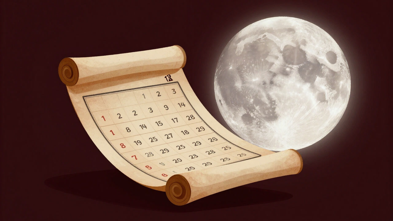 満月をバックに古風な太陰暦の巻物が浮かぶイラスト