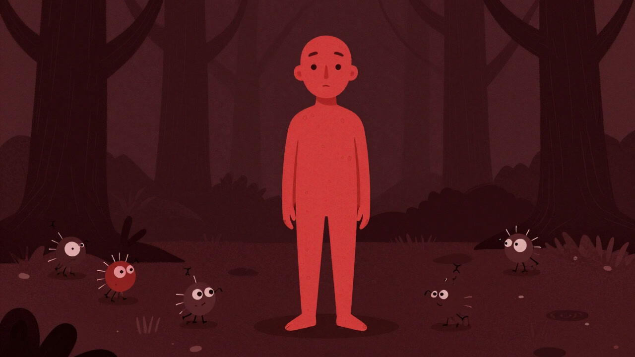 無数のダニに囲まれ、紅斑を背負った人物のイラスト