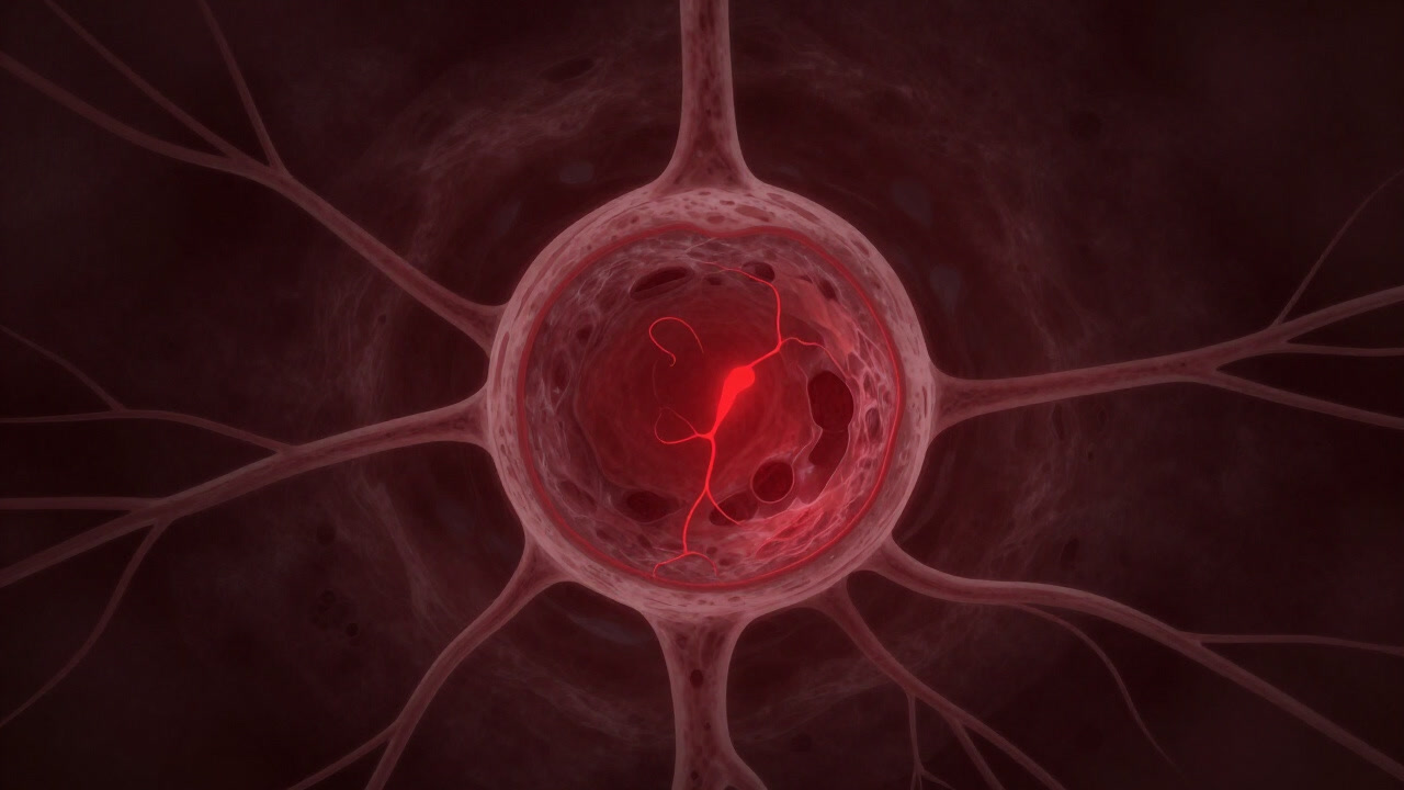 Illustration of a swollen lymph node glowing red under faint light.