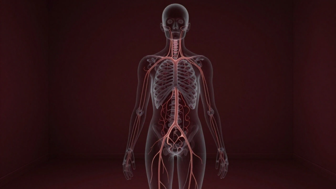 Illustration of a dim anatomical model with transparent, faintly glowing lymphatic vessels