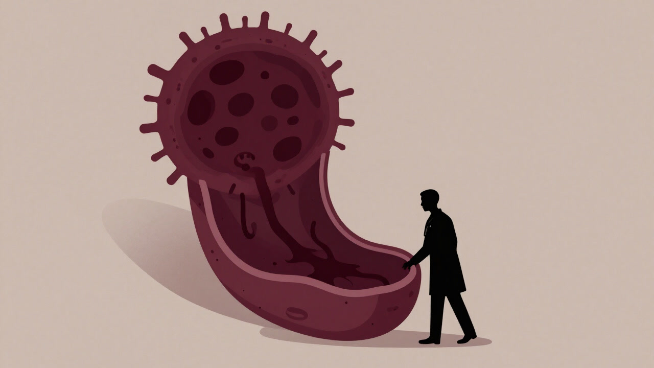 体内を探検する医師の影と巨大なリンパ腫のシルエットが対峙するイラスト