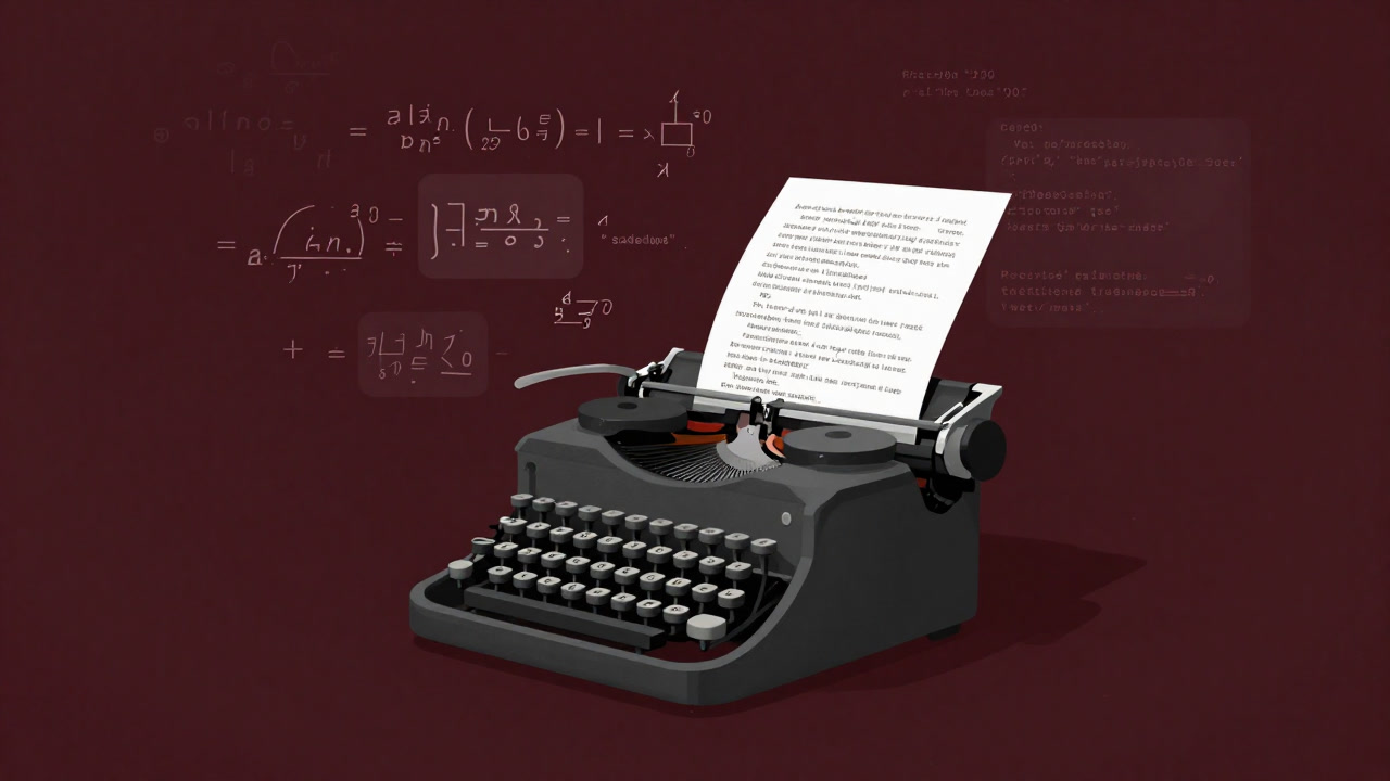 Illustration of an old typewriter printing bizarre literal translations on paper, surrounded by floating algorithm formulas.