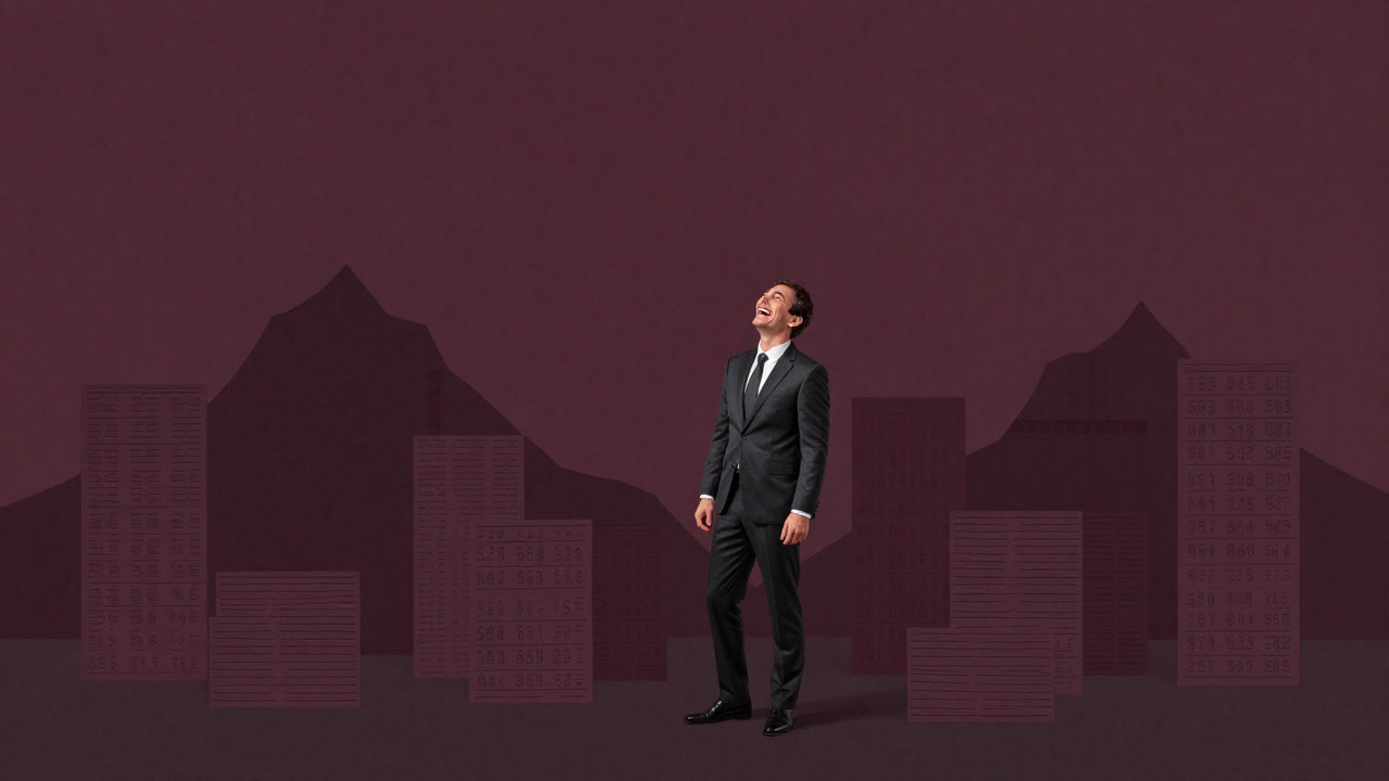 Silhouette of a businessman laughing amid towering graphs and mountains of numbers
