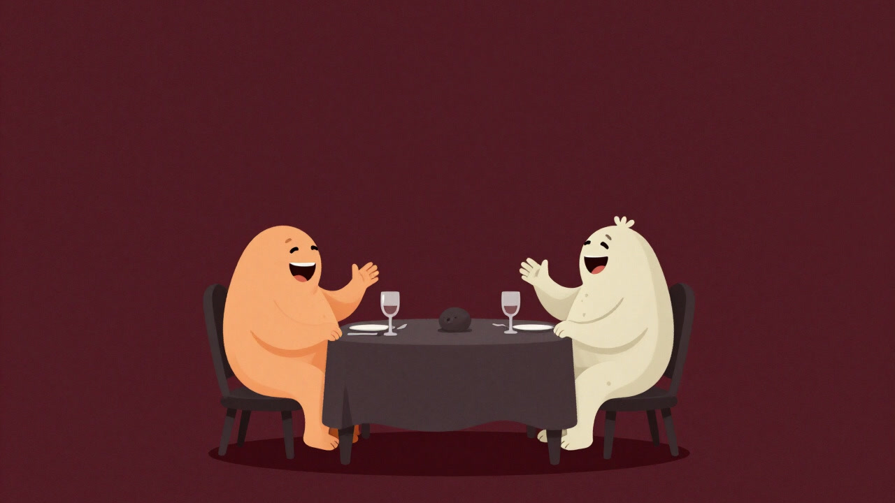 テーブルの上で炭水化物、タンパク質、脂質が談笑するコミカルなイラスト