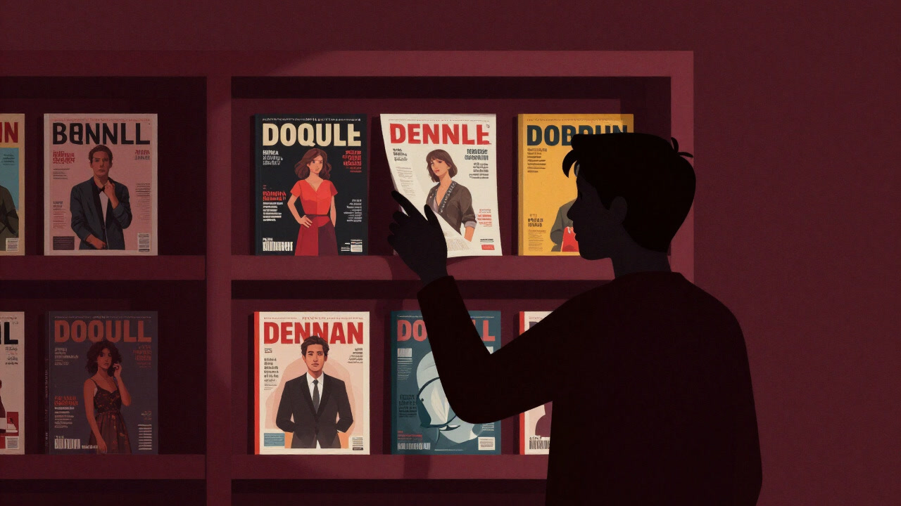 色鮮やかな表紙が並ぶ本棚の前で、興味深げに表紙を手に取る人のシルエット