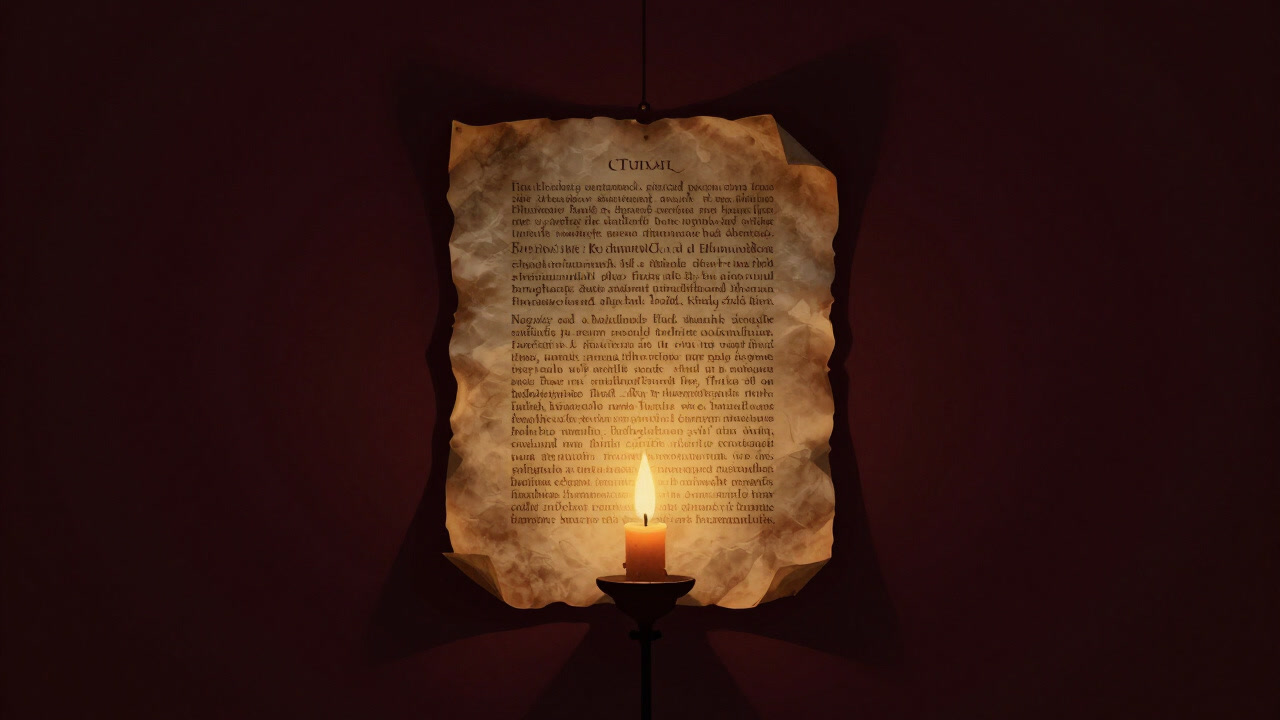 Dusty parchment illuminated with golden religious decree in an ancient church library