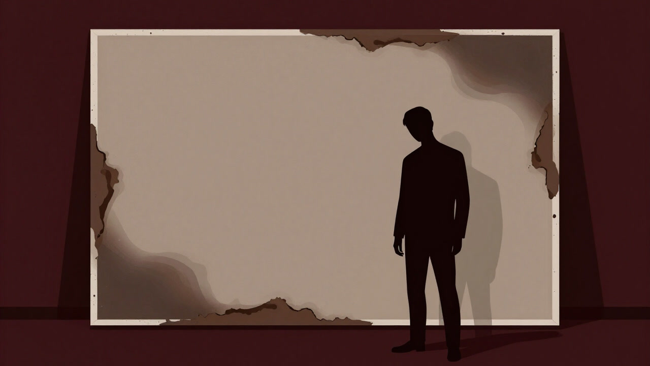 Silhouette of an artist staring vacantly at a burnt-out canvas like a dying lamp