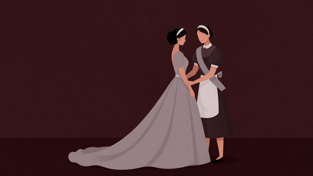 Illustration of a woman smiling while dusting off the bride's dress as maid of honor