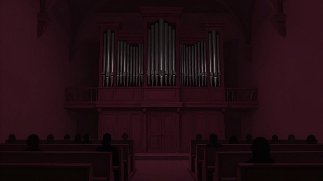 重厚な礼拝堂のパイプオルガンが並ぶステージと静けさに包まれる会衆のシルエット