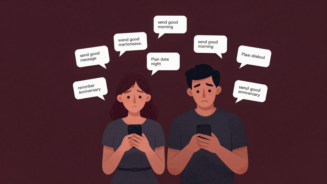 Illustration of a couple overwhelmed by endless relationship maintenance tasks staring exhaustedly at reminders on their phones