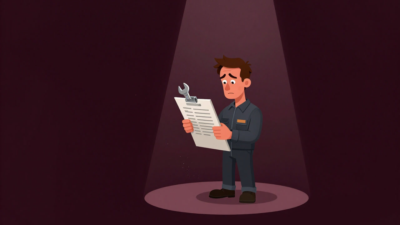 Silhouette of a technician covered in dust holding a wrench and a checklist