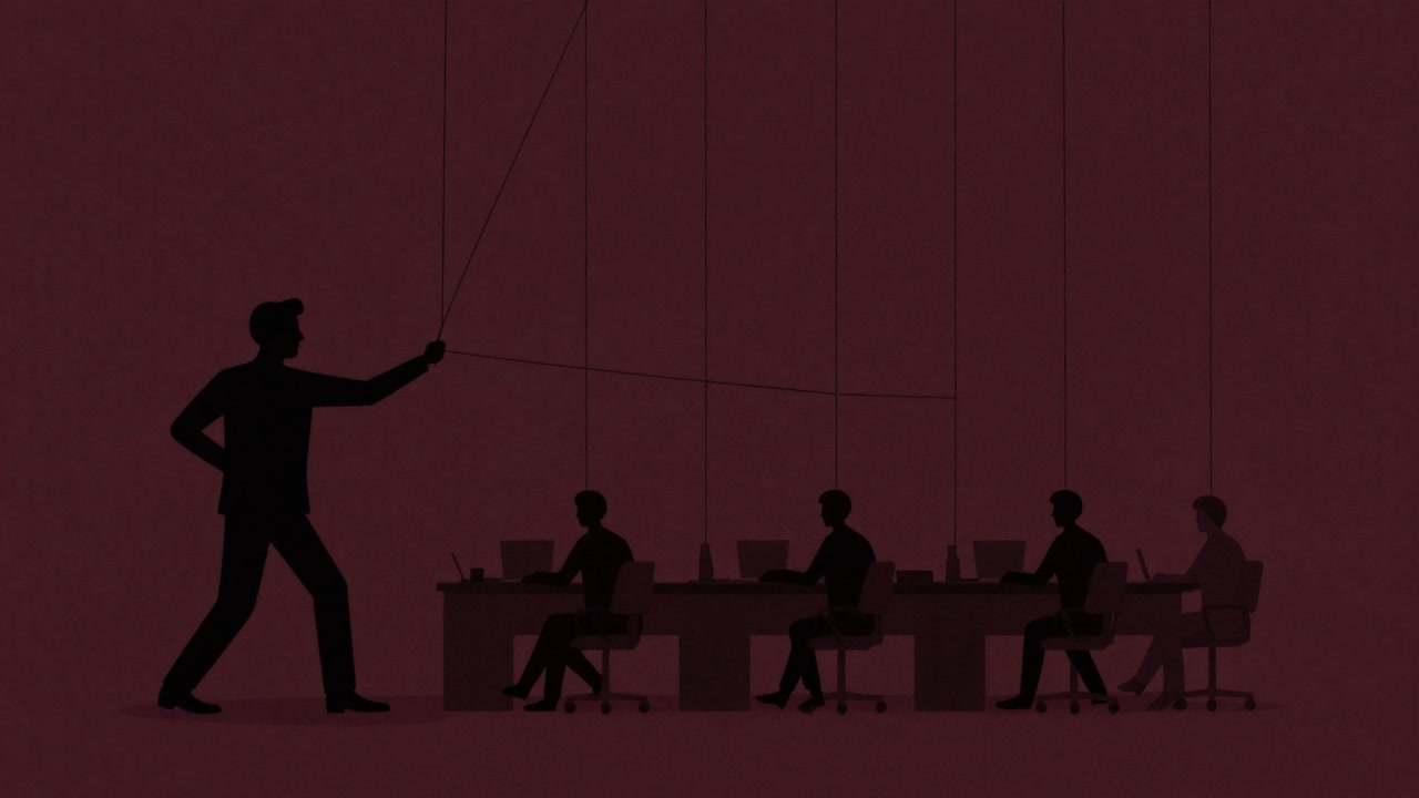 Illustration of suited employees being controlled by puppet strings manipulated by a silhouetted manager in the background.