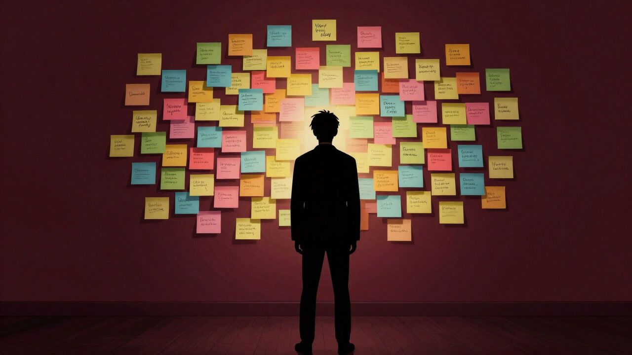 Silhouette of a person staring into space in front of a wall covered with sticky notes of wishes.