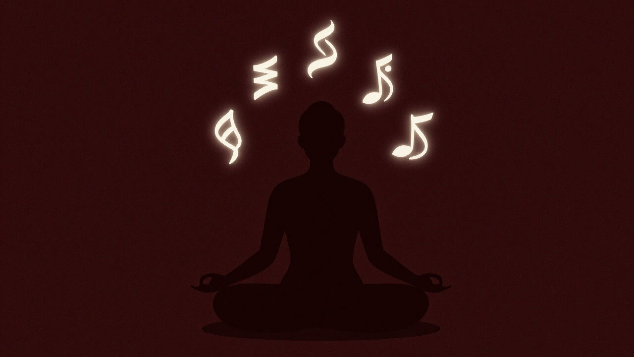 真言を繰り返す人物のシルエットと頭上に浮かぶ呪文の文字列