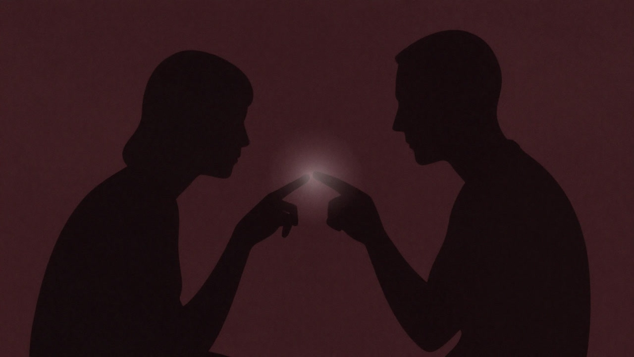 Silhouetted figures close together, fingertips glowing softly