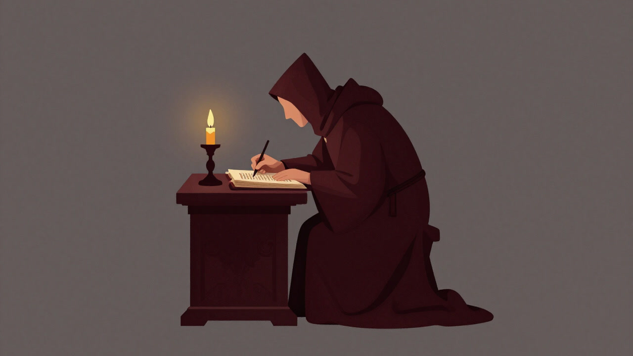 Silhouette of a monk copying a manuscript by candlelight