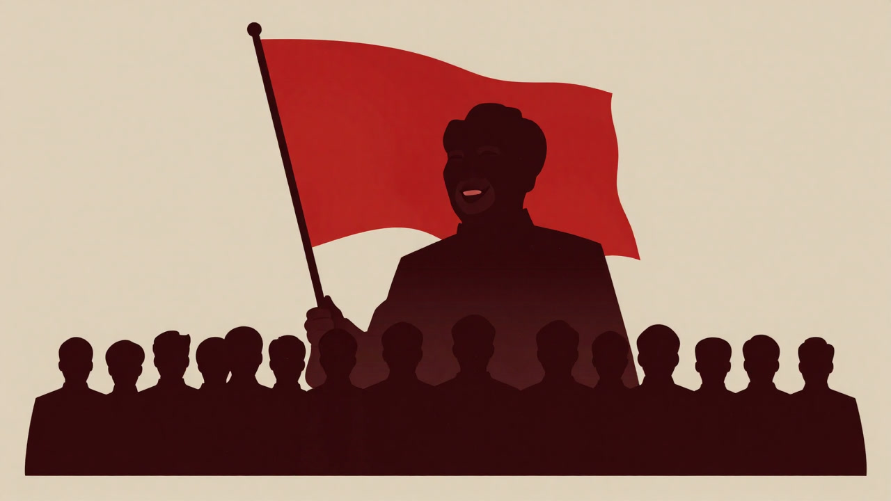 Illustration of a rigid crowd in front of a red flag, with the smiling silhouette of a leader in the background.