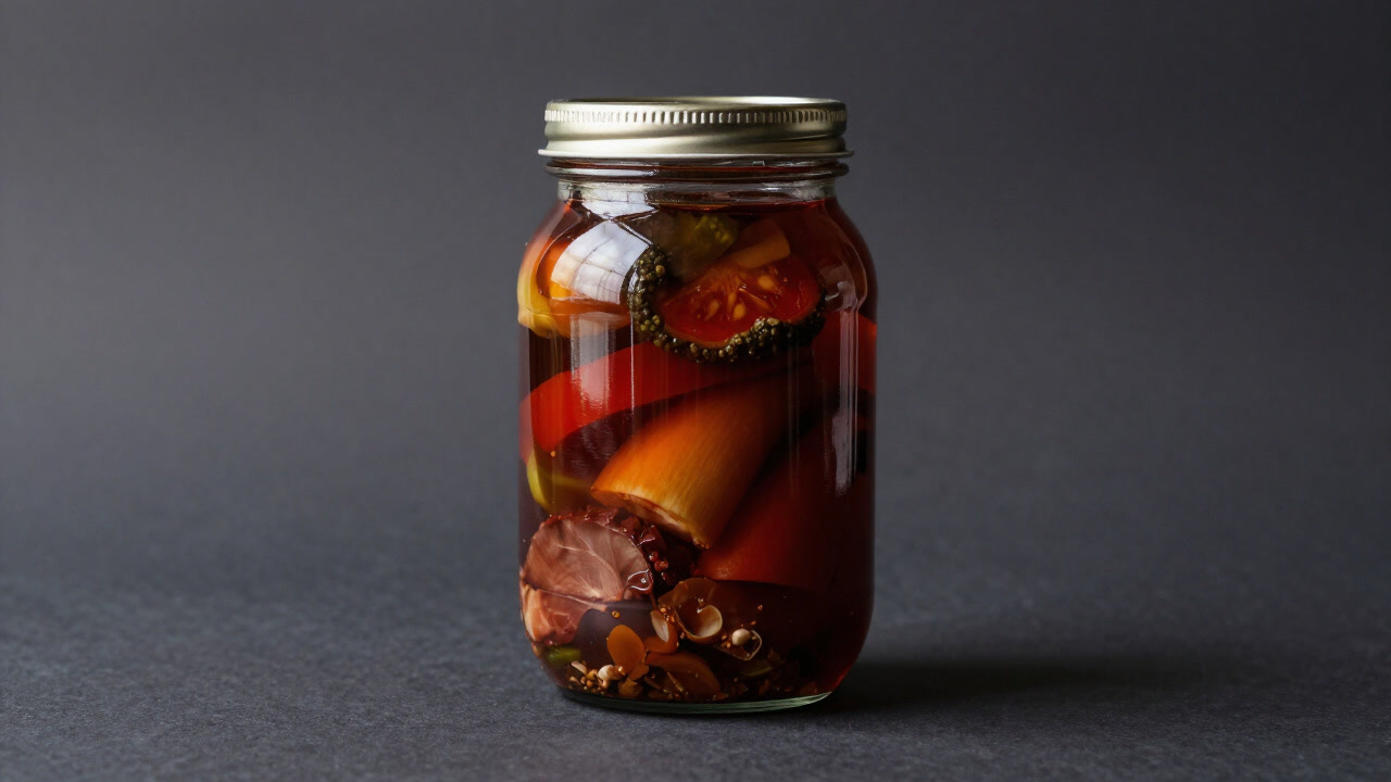 An image of colorful ingredients submerged in liquid inside a glass jar