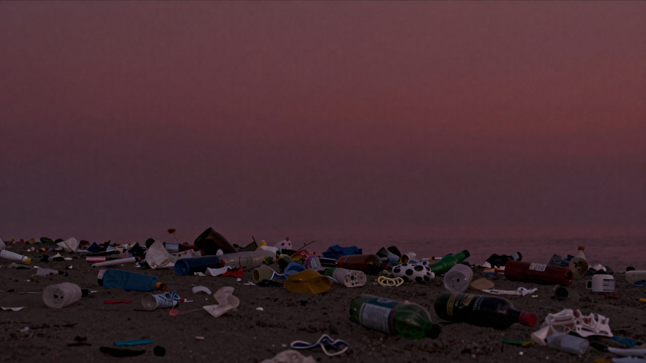 A shore strewn with countless plastic fragments, reflecting beauty and despair simultaneously
