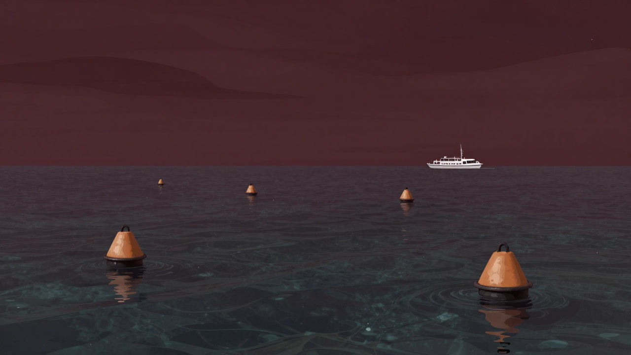 波間に浮かぶ無人のブイと遠くに見える観光船。