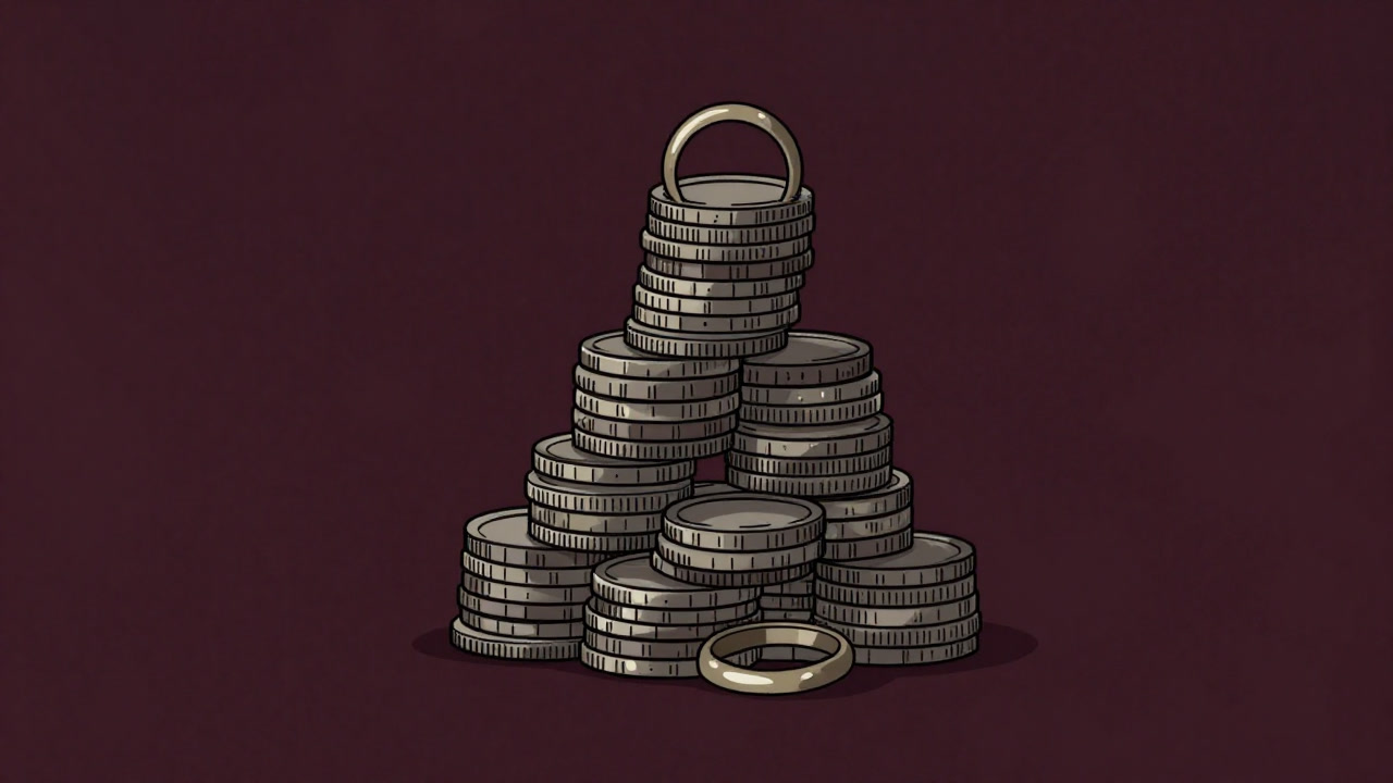 結婚指輪が通貨のように積み重なり、コインの塔を形成するイラスト