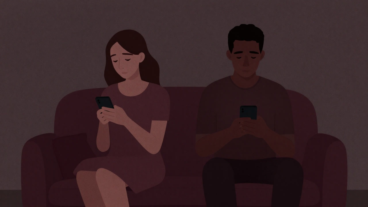 ソファに並んで座りながらそれぞれスマホを見つめ、互いの存在を完全に無視する夫婦のイラスト