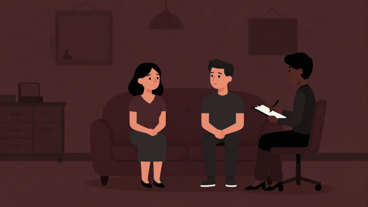 Illustration of a couple seated facing each other on a couch with a counselor observing beside them.