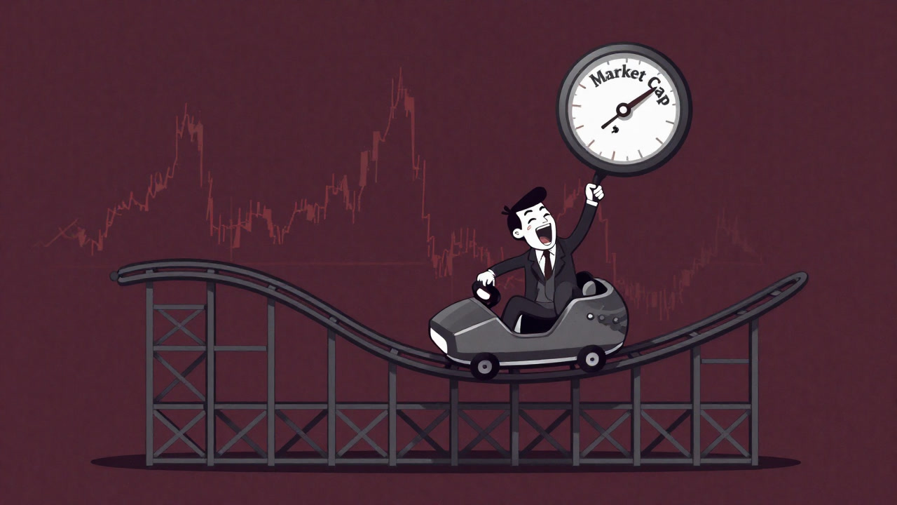 Illustration of a personified company riding a roller coaster made of stock price charts, screaming as its market cap fluctuates