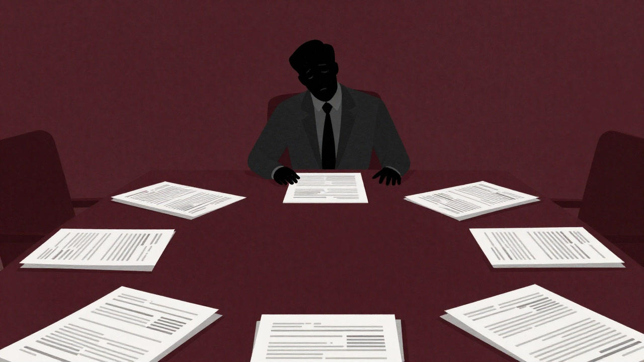 会議室のテーブルを埋め尽くすプリントされたアンケート用紙と、それを眺める無表情なマーケターのシルエット