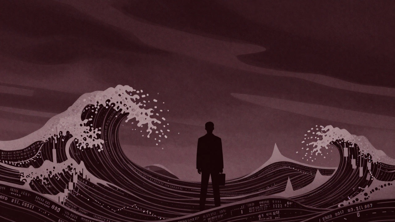 荒波のように上下動する株価チャートに飲み込まれそうな投資家のシルエット